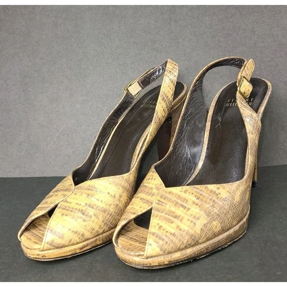 Stuart Weitzman Tan Textured Leather Slingback Peep Toe Heels Size 8W EUC - Picture 2 of 8